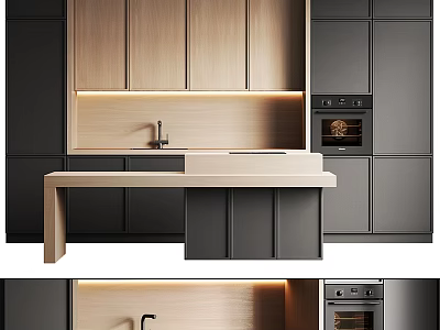 Contemporary Kitchen Interior With Wooden Cabinets Island Counter Oven And Under Cabinet Lighting 3d model