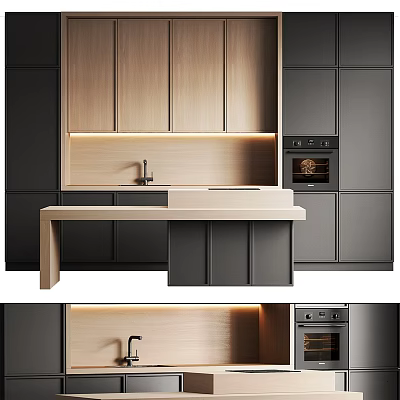 Contemporary Kitchen Interior With Wooden Cabinets Island Counter Oven And Under Cabinet Lighting 3d model