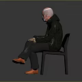 Elderly Man Sitting On Chair Wearing Mask Dark Jacket And Orange Shoes