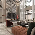 Modern Living and Dining Room Interior With Marble Counter Wooden Cabinets And Chandelier