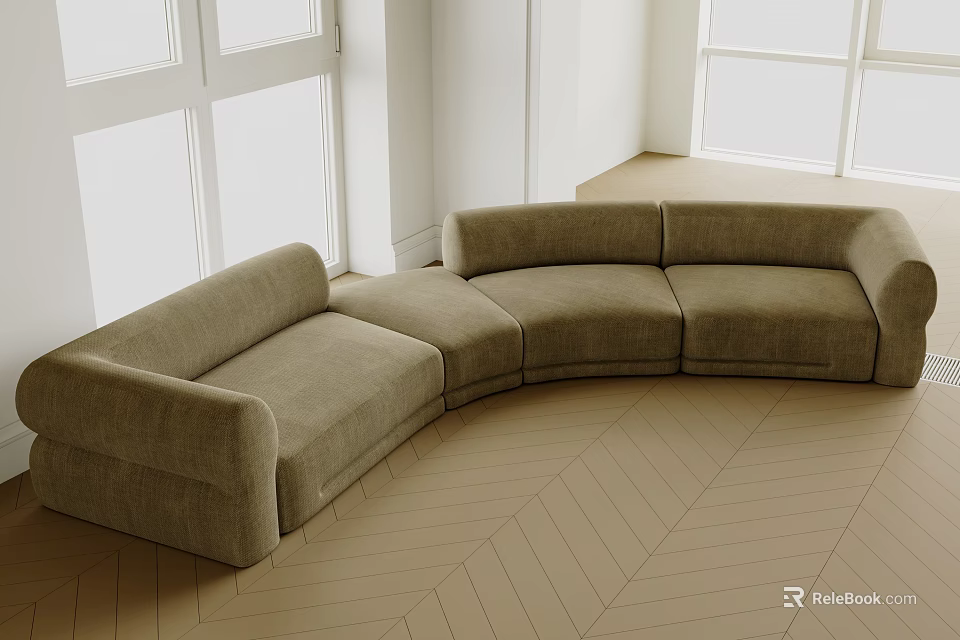 Curved Beige Sofa In Modern Living Room With Herringbone Wooden Floor And Windows 3d model 