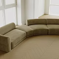 Curved Beige Sofa In Modern Living Room With Herringbone Wooden Floor And Windows