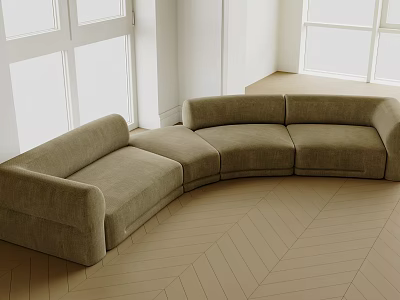 Curved Beige Sofa In Modern Living Room With Herringbone Wooden Floor And Windows 3d model