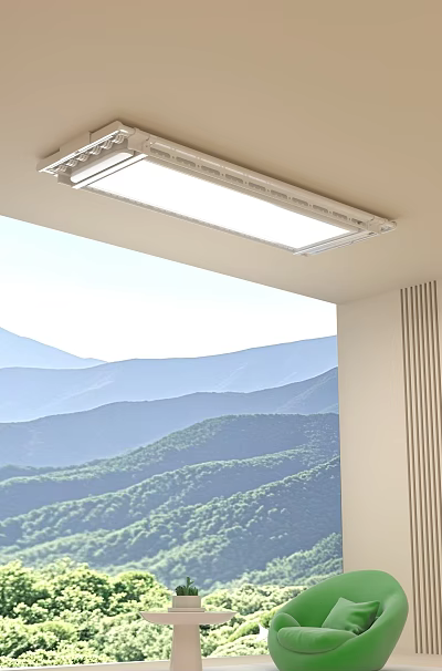Home Balcony With Scenic Mountain View Blue Sky Ceiling Light And Wall Design 3d model