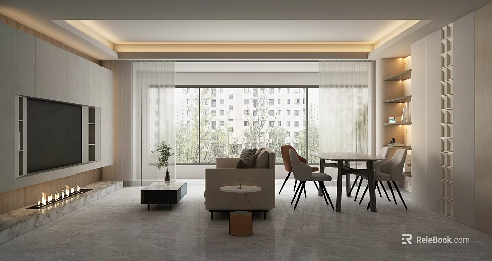 Modern Living and Dining Area With Large Windows Sofa Dining Table And Fireplace 3d model