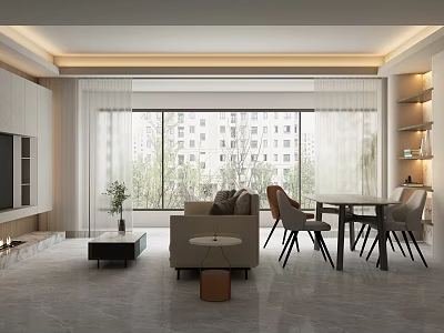 Modern Living and Dining Area With Large Windows Sofa Dining Table And Fireplace 3d model