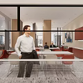 Contemporary Office Space Featuring Large Windows City View And Red Chairs 3d model