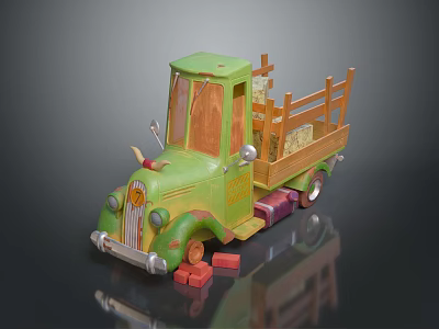 Green Classic Toy Truck with Wooden Sides Loaded with Items and Red Blocks Nearby 3d model