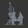 Ruined Medieval Stone House Model With Blue Roof Tiles And Wooden Staircase
