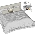 Modern Double Bed Interior With White Fluffy Quilt Pillows And Bedside Table 3d model