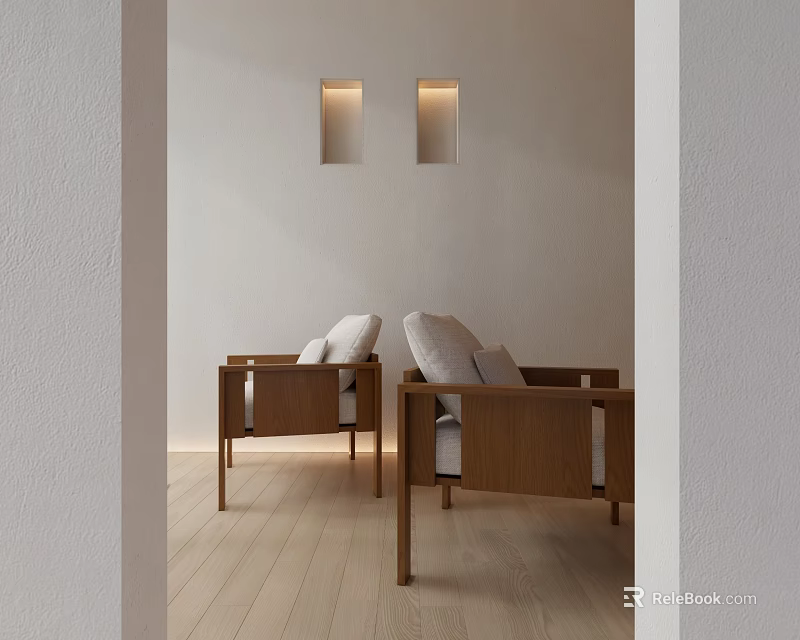 Modern Minimalist Leisure Chairs With Wooden Frame And Light Cushions In Neutral Interior Space 3d model 