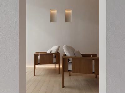 Modern Minimalist Leisure Chairs With Wooden Frame And Light Cushions In Neutral Interior Space 3d model