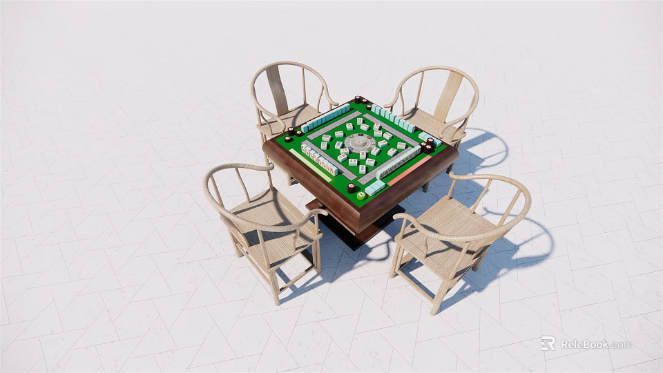 Modern Entertainment Table with Mahjong Game Green Surface and Four Chairs 3d model 