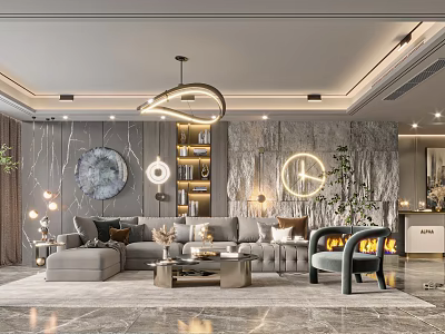 Modern Living Room Interior Featuring Gray Sofa Round Decorative Painting Bookshelf Fireplace And Chandelier 3d model