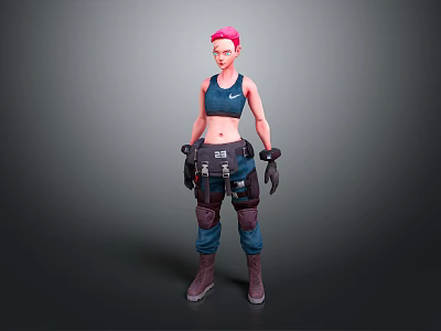 Game Movie Character With Pink Hair Dark Blue Nike Tank Black Gloves And Brown Boots 3d model