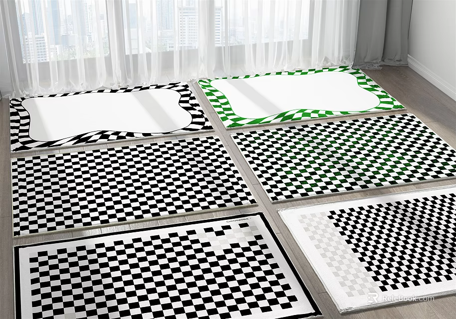 Square Rugs With Checkerboard Pattern Black White And Green Border For Room Floor 3d model 