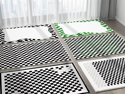 Square Rugs With Checkerboard Pattern Black White And Green Border For Room Floor 3d model