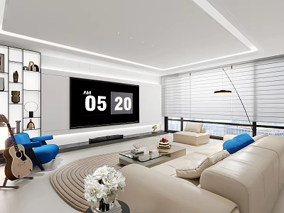 Bright Minimalist Modern Living Room Design With Large Wall Mounted Tv And Cozy Leather Sofas 3d model