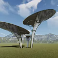 Modern Garden Landscape With Petal Shaped Metal Structures And Green Lawn