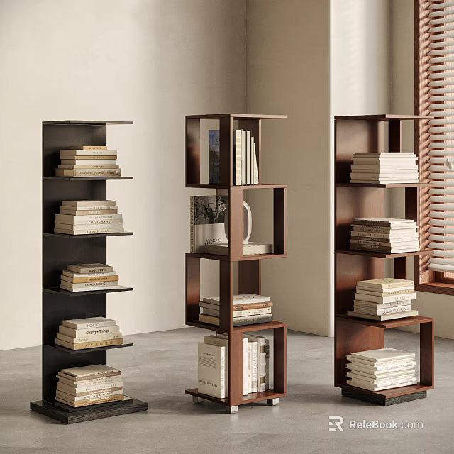 Modern Black And Brown Bookshelves With Stacked Books And Decorative Vase In Room 3d model 
