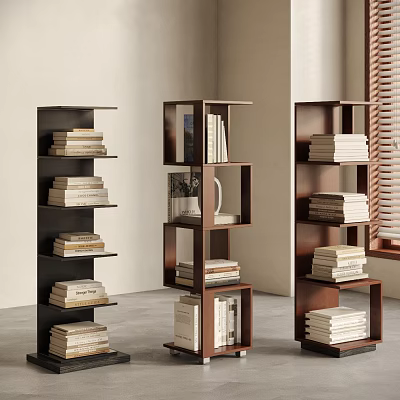 Modern Black And Brown Bookshelves With Stacked Books And Decorative Vase In Room 3d model