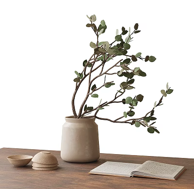 Decorative Ornament Collection With Beige Vase Green Leaf Branches Wooden Bowl Lidded Container Open Book 3d model