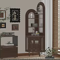 Vintage Wooden Bookcase With Glass Doors Decorative Items And Potted Plants Near Wall Art