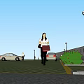 Parking Lot With Gray Car Yellow Lines Patterned Pavement Trees And People