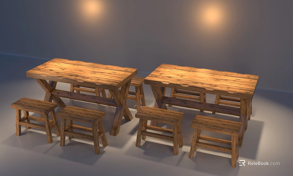 Rustic Wooden Dining Table Set With Two Tables And Matching Benches 3d model 
