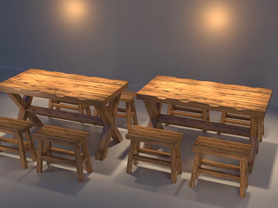 Rustic Wooden Dining Table Set With Two Tables And Matching Benches 3d model