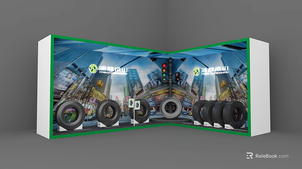 Michelin Tires Exhibition Booth With Urban Cityscape Background And Multiple Tires 3d model 