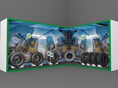 Michelin Tires Exhibition Booth With Urban Cityscape Background And Multiple Tires 3d model