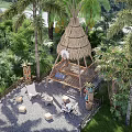 Tropical Landscape Pavilion With Thatched Roof By Pond Among Palm Trees And Lush Greenery