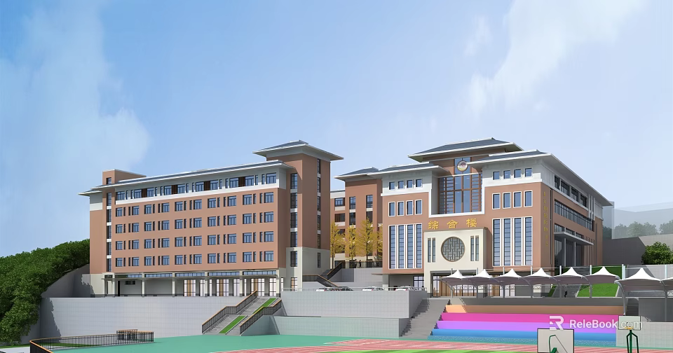 School Building Exterior Architecture With Multistory Design Large Windows Traditional Roof And Stone Steps Plaza 3d model 