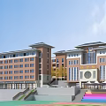 School Building Exterior Architecture With Multistory Design Large Windows Traditional Roof And Stone Steps Plaza