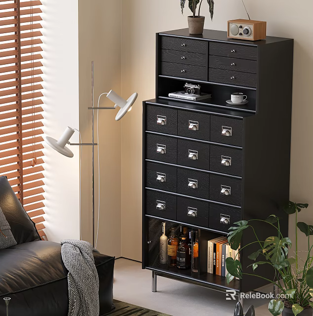 Black Sideboard With Drawers Bottles Books In Living Room With Sofa Floor Lamp Wooden Blinds 3d model 