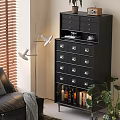 Black Sideboard With Drawers Bottles Books In Living Room With Sofa Floor Lamp Wooden Blinds