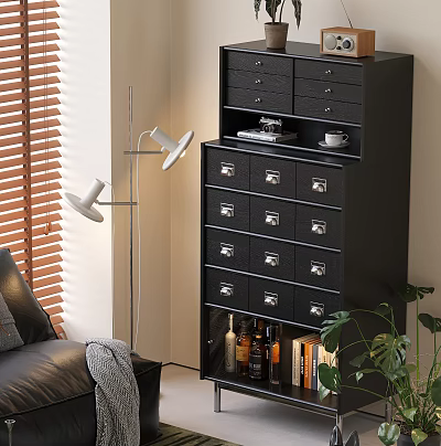 Black Sideboard With Drawers Bottles Books In Living Room With Sofa Floor Lamp Wooden Blinds 3d model