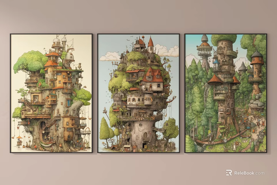 Fantasy Tree House Paintings With Multi Level Structures Green Foliage And Forest 3d model 