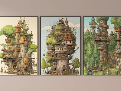 Fantasy Tree House Paintings With Multi Level Structures Green Foliage And Forest 3d model