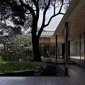 Serene Garden Landscape With Flowing Stream Lush Greenery And Modern Pavilion