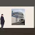 Minimalist Modern Interior Featuring Architectural Painting Walking Person Wooden Floor And Window Blinds