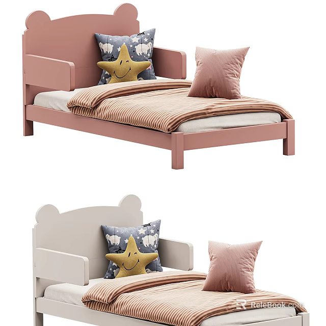 Cute Kids Bed With Pink And White Animal Ear Headboard Star Pillow And Striped Blanket 3d model 