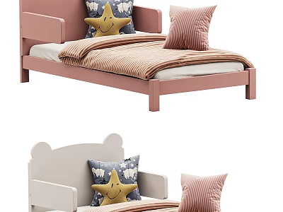 Cute Kids Bed With Pink And White Animal Ear Headboard Star Pillow And Striped Blanket 3d model