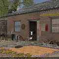 Rural Countryside Landscape With Traditional Brick House Tiled Roof Yard Tables And Dried Crops
