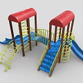 Colorful Playground Equipment With Red Canopies Blue Slides And Yellow Ladders