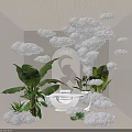 Modern Commercial Equipment with Cloud Shaped Decor Green Plants and White Display Stand for Product Showcase