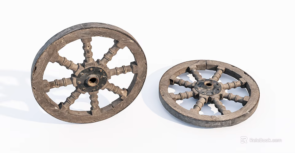Two Vintage Wooden Wheels With Carved Spokes And Aged Natural Texture 3d model 