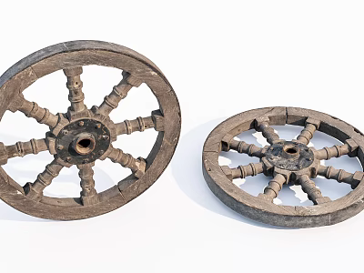Two Vintage Wooden Wheels With Carved Spokes And Aged Natural Texture 3d model