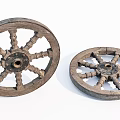 Two Vintage Wooden Wheels With Carved Spokes And Aged Natural Texture